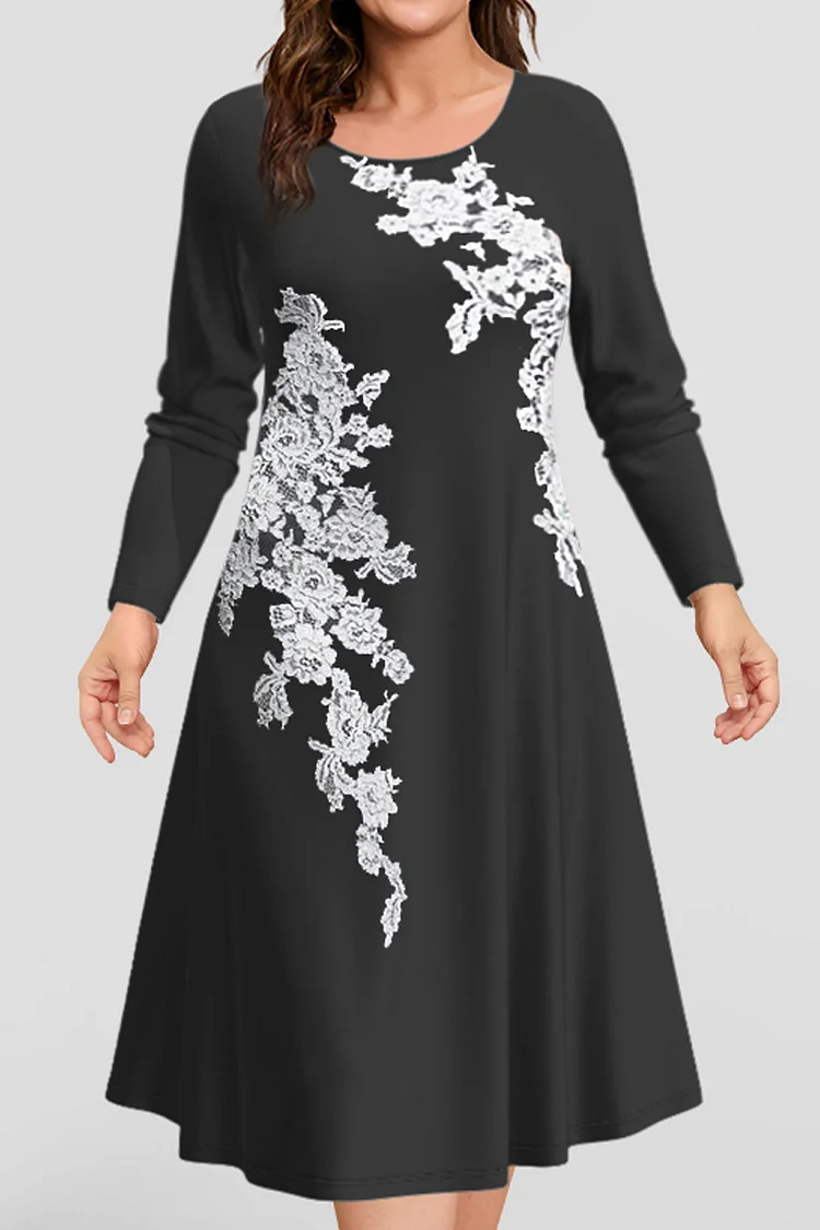 Flycurvy Plus Size Casual Black Lace Panel Print Midi Dress  Flycurvy [product_label]