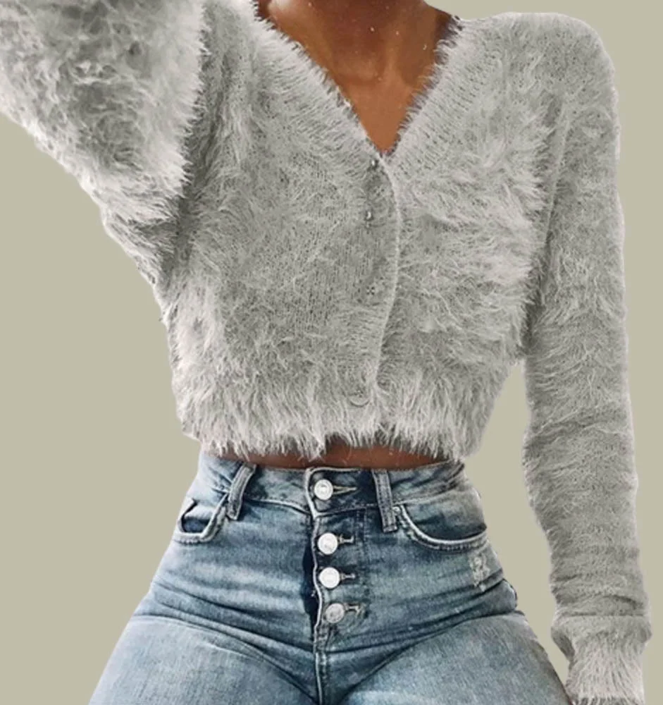 Fashion Solid Color Furry Cardigan