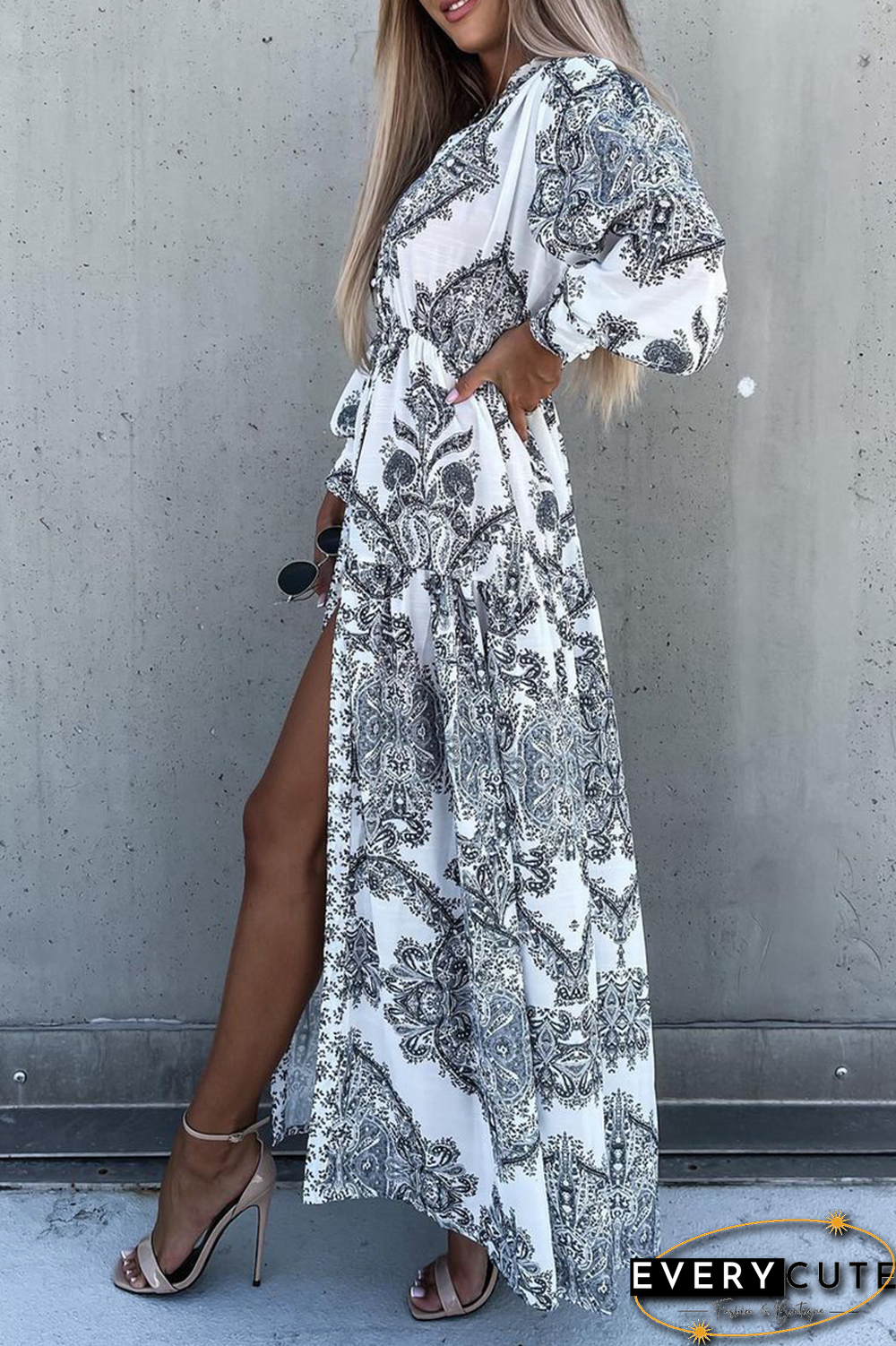 Elegant Print Split Joint Buckle V Neck Dresses