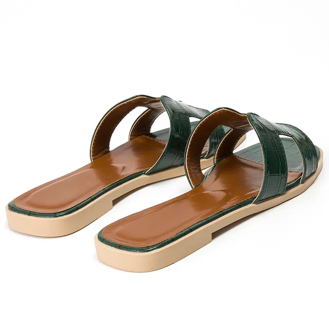 Womens Square Open Toe Summer Casual Flat Crocodile Slippers-vocosishoes