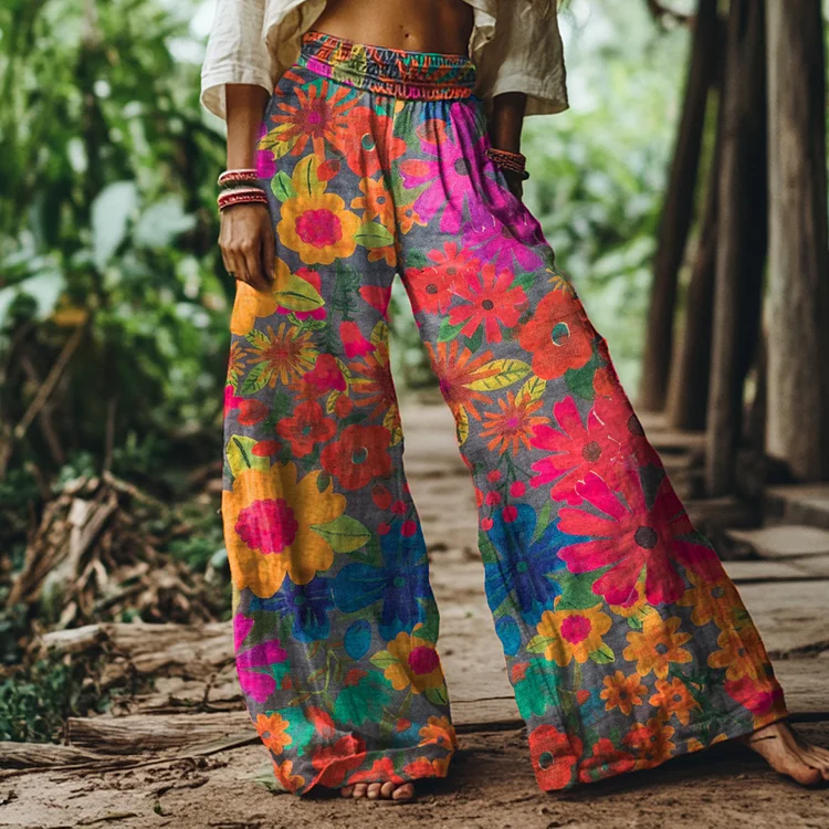 Vintage Bohemian Floral Print Loose Wide-leg Pants