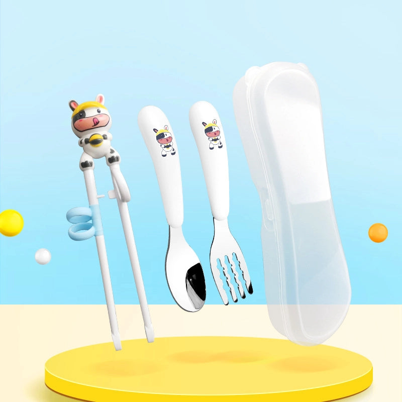 Maternal And Infant Products Portable Feeding Children’s Tableware Set Cartoon Learning Chopsticks Training Chopsticks 304 Stainless Steel Spoon Fork