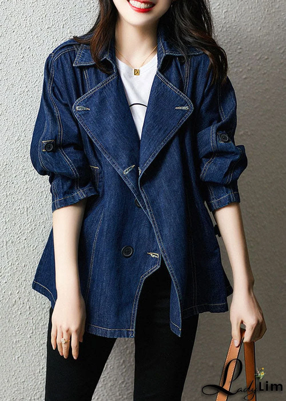 Plus Size Blue Peter Pan Collar Pockets Drawstring Patchwork Denim Coat Fall