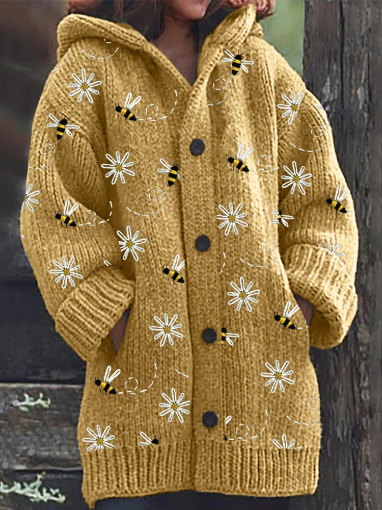VChics Flying Bees Floral Embroidery Pattern Cozy Hooded Cardigan