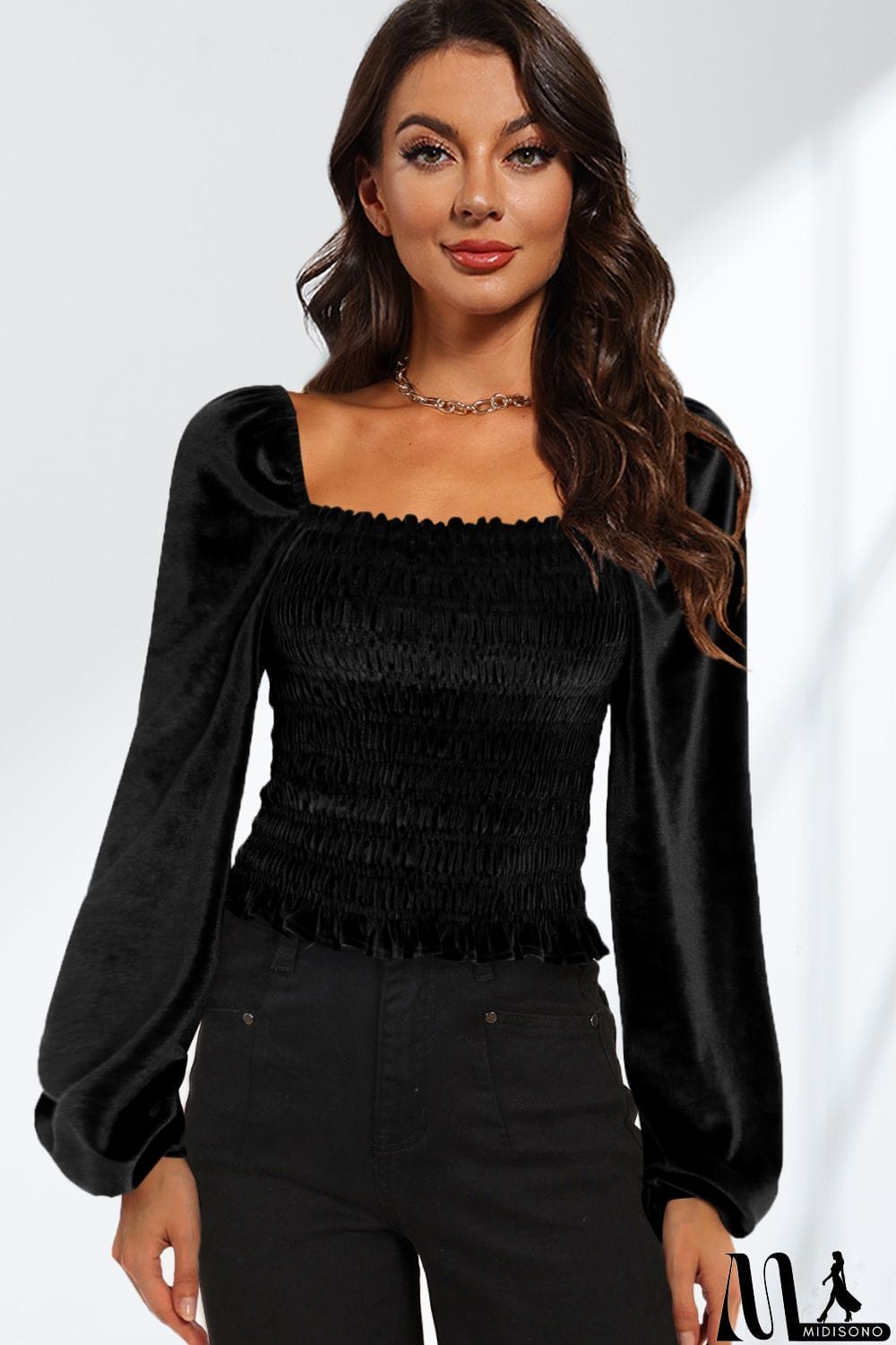 MidiSono - Smocked Square Neck Long Sleeve Blouse