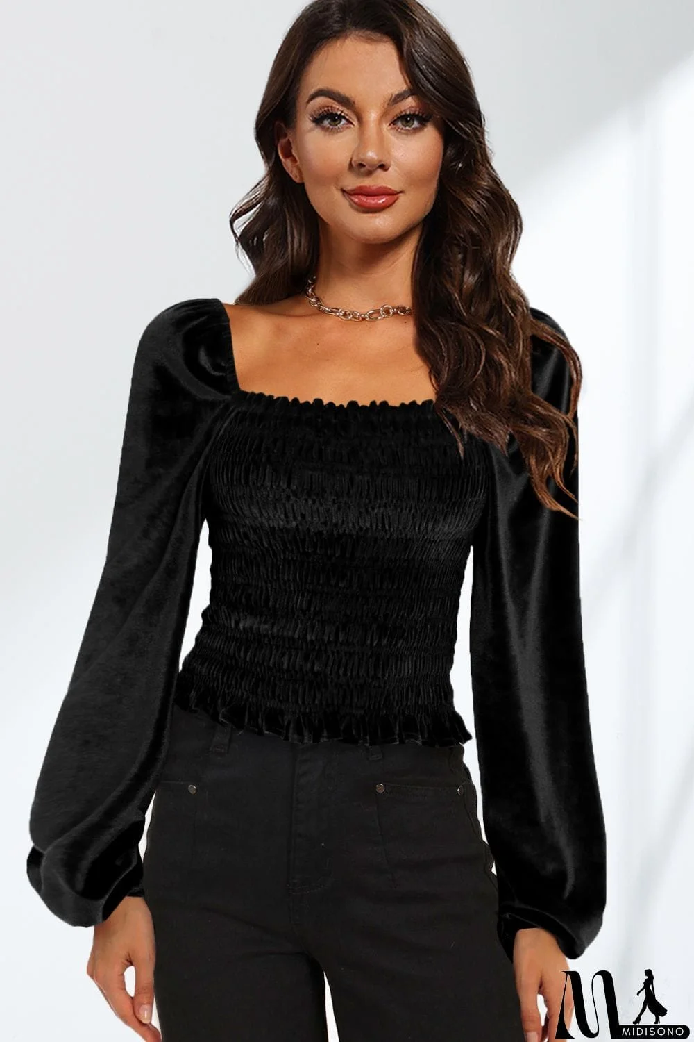 MidiSono - Smocked Square Neck Long Sleeve Blouse