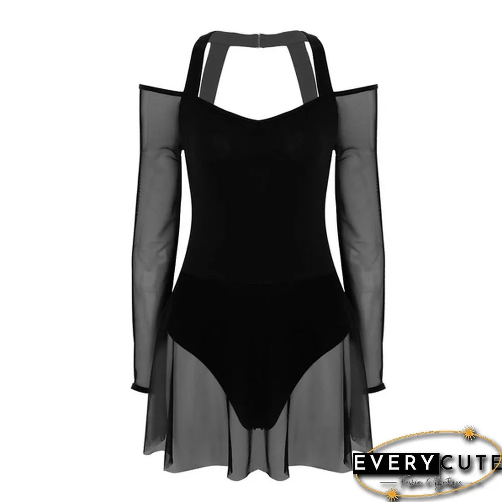 Women Adult Off The Shoulder Long Sleeve Halter Neck Mesh Bodysuit Ballet Dance Dress