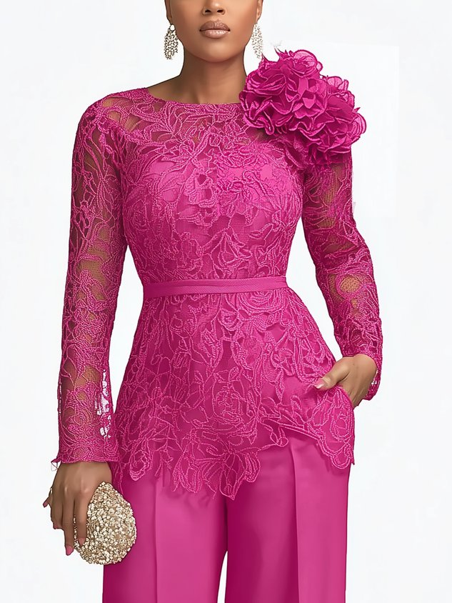 Urban Plain Lace Crew Neck Blouse With 3D Floral mysite idetrend