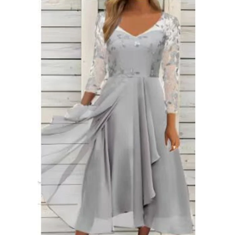 Chiffon stitching V-neck gauze openwork dress