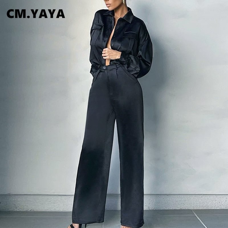 CM.YAYA Women Pants Suit Solid Loose Shirts Tops + Straight Pants Two 2 Piece Sets Office Lady Fashion Outfits Spring Summer