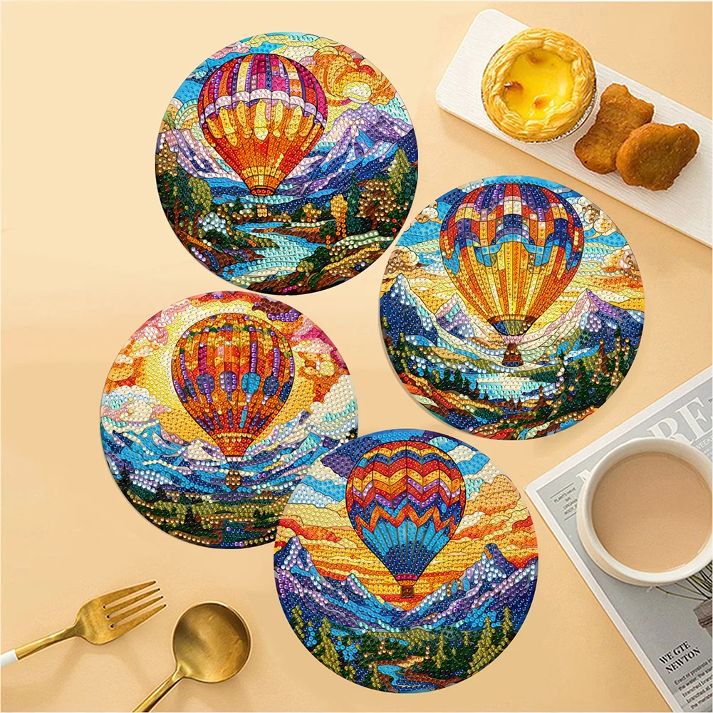 4PCS Hot Air Balloon and Mountain Diamond Painting Placemat Art Craft Supplies