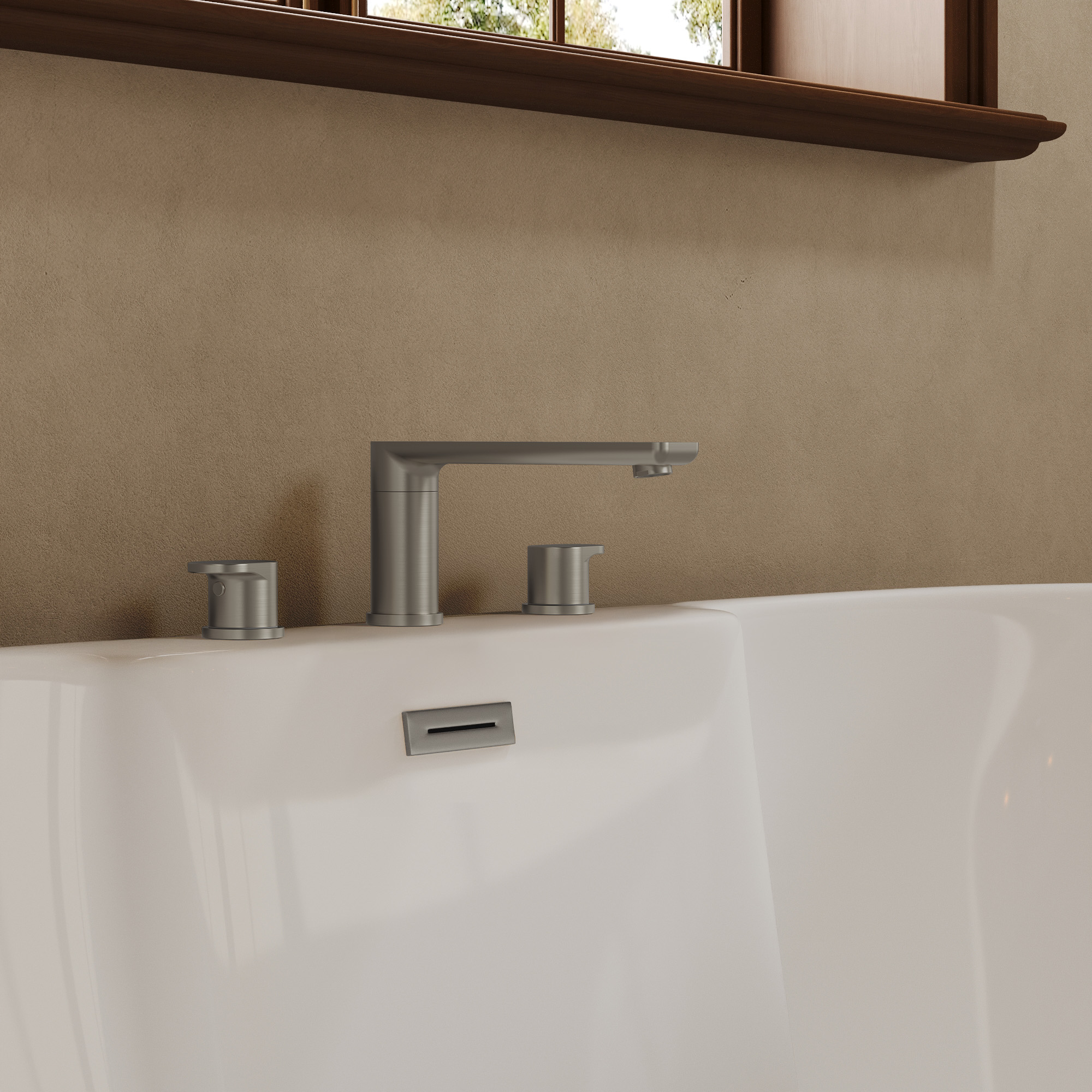 2-Handle Deck-Mounted Low Arc Roman Tub 1-Spray Tub and Shower Faucet 2.8 GPM in Brushed Nickel Spot Resist Valve Included