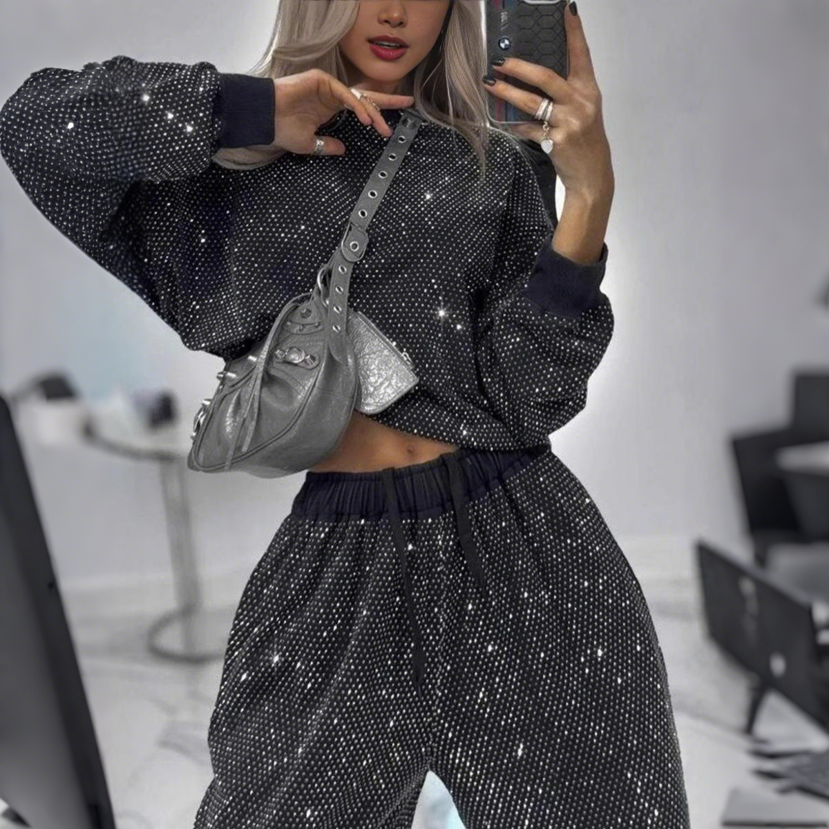 Women's Full Sleeve Long Round Neck Top Drawstring Wide Leg Two Piece Set