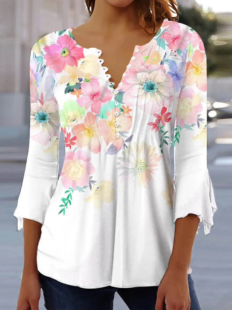 Women's Colorblock Floral Printed 3/4 Sleeve V-neck Buttons Top