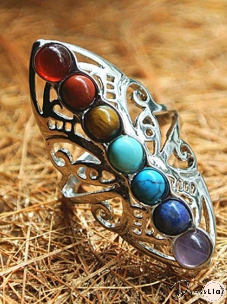 Silver Plated 7 Chakra Healing Hollow Thumb Reiki Natural Stones Adjustable Ring