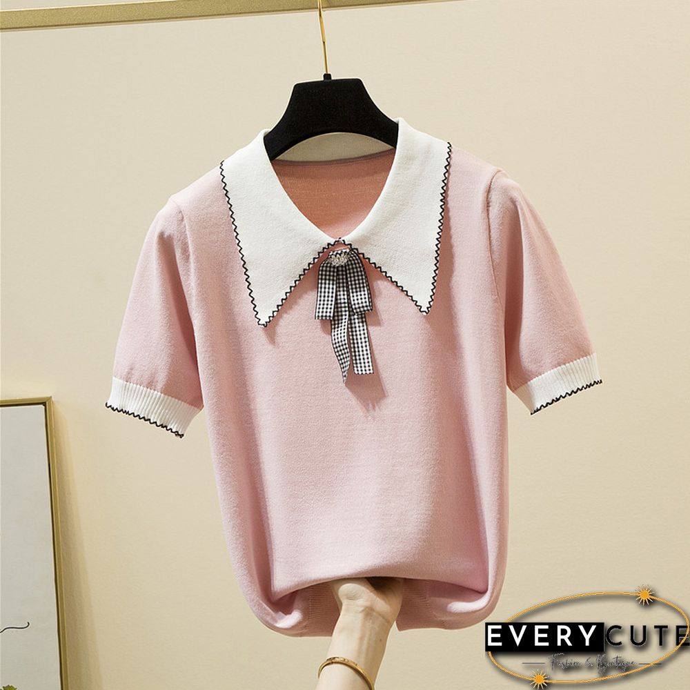 Korean Fashion Bow Women T Shirt Turn-Down Collar Knitted Tee Shirt Female Summer Short Sleeve Sweet Style Tshirt Woman Clothes