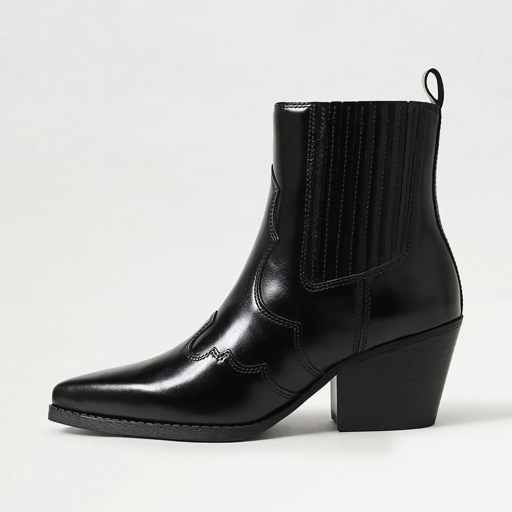 Black Faux Leather Pointed Toe Stitching Western Boots for Women
