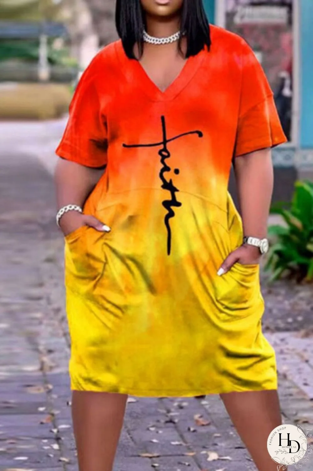 Yellow Casual Print Patchwork V Neck Straight Dresses