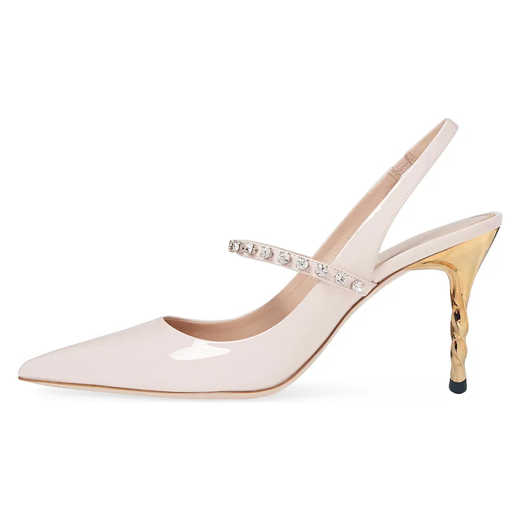 Nude Patent Leather Slingback Heels Rhienstone Stiletto Heel Pumps |FSJ Shoes
