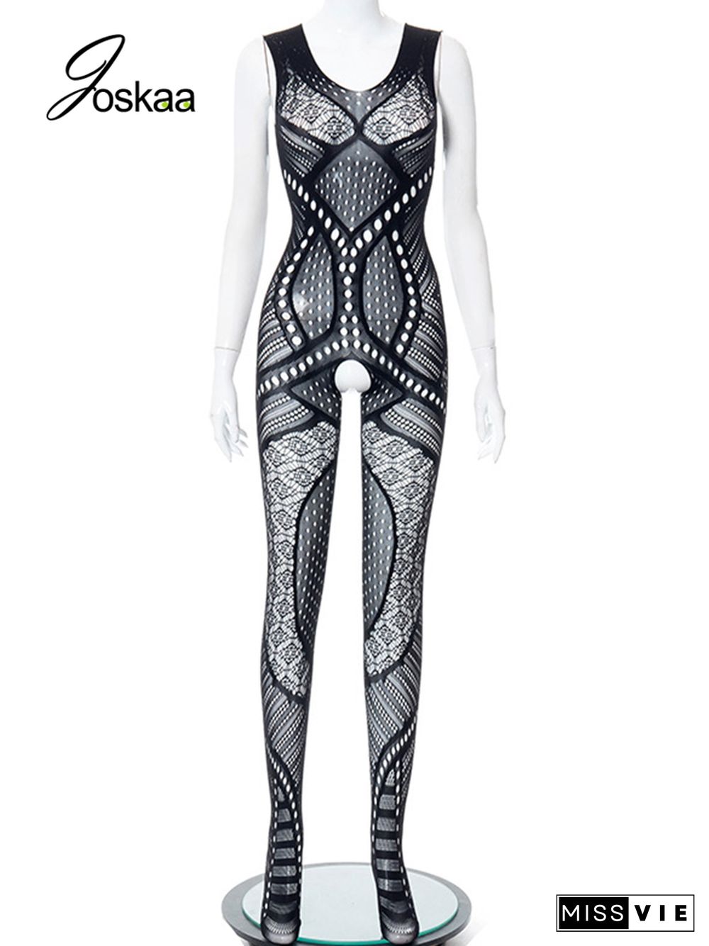 Hollow Out Mesh See Through Black Jumpsuit Summer Women Fashion One Piece Outfits Sexy