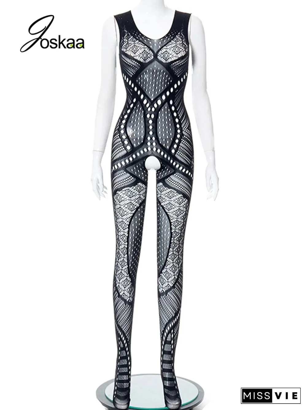 Hollow Out Mesh See Through Black Jumpsuit Summer Women Fashion One Piece Outfits Sexy