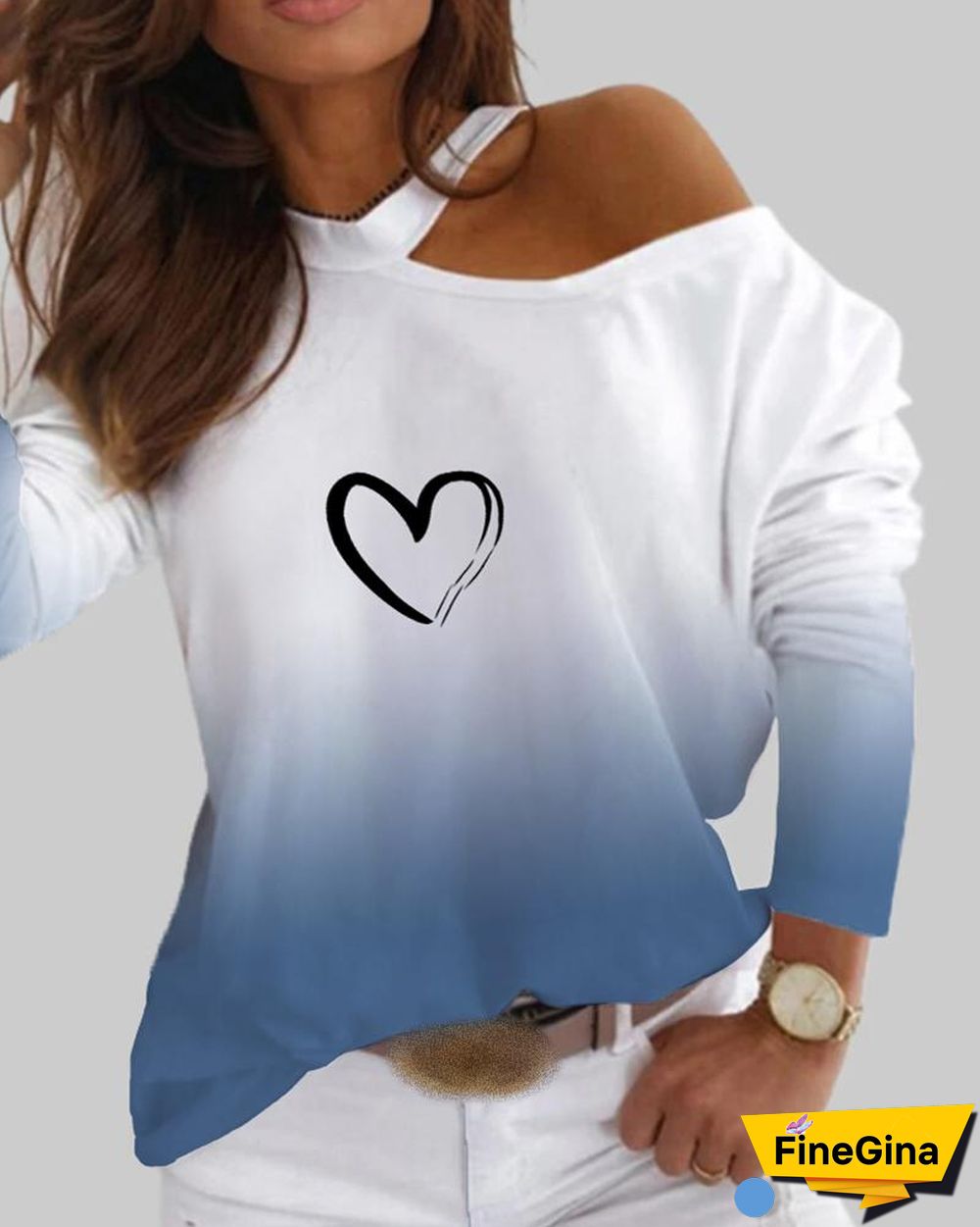 Colorblock Heart Print Cold Shoulder Top P10944