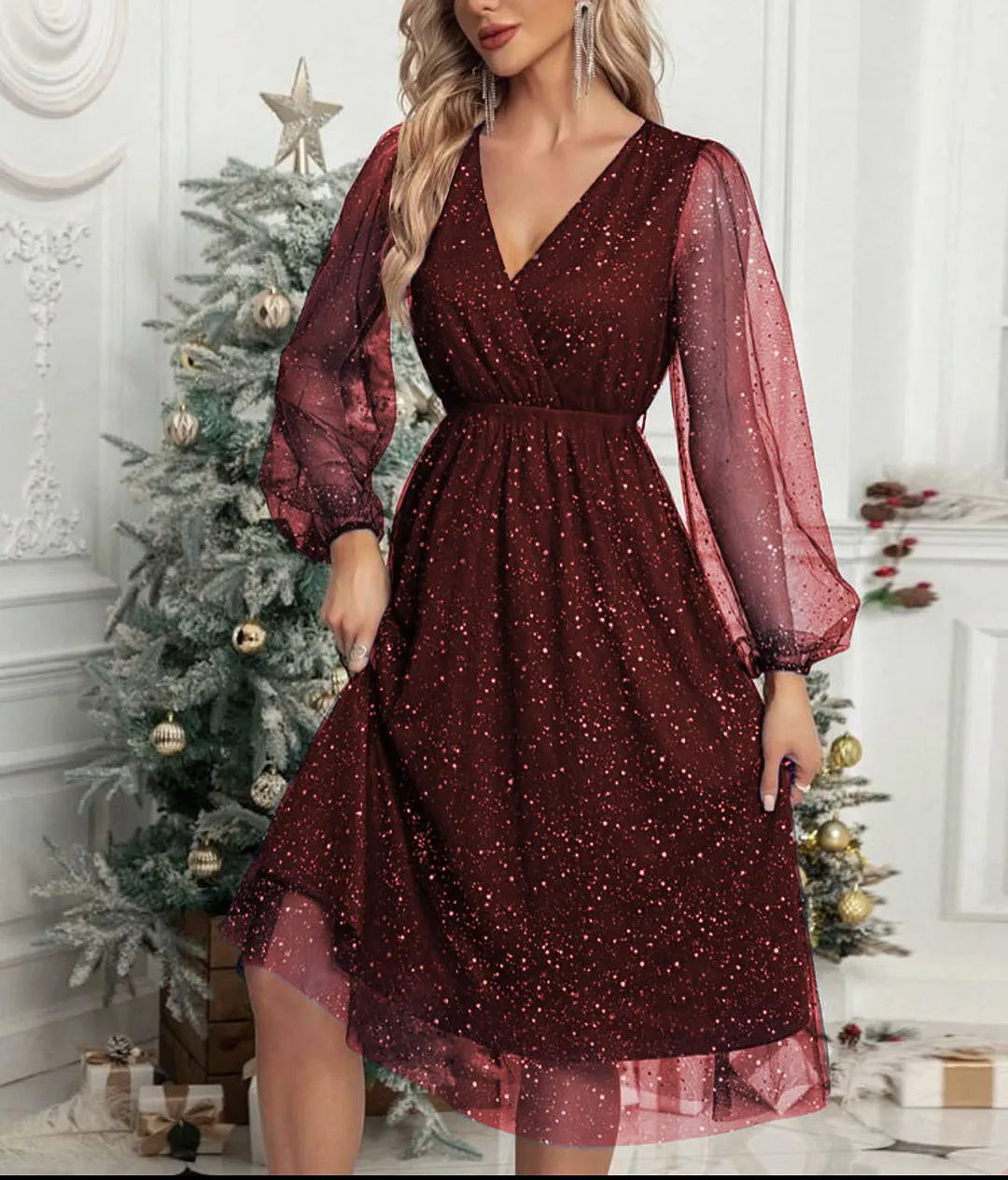 Churchf Churchf New V-Collar Elegant Slim Solid Color Stitching Mesh Perspective Sprinkling Powder Dress Female
