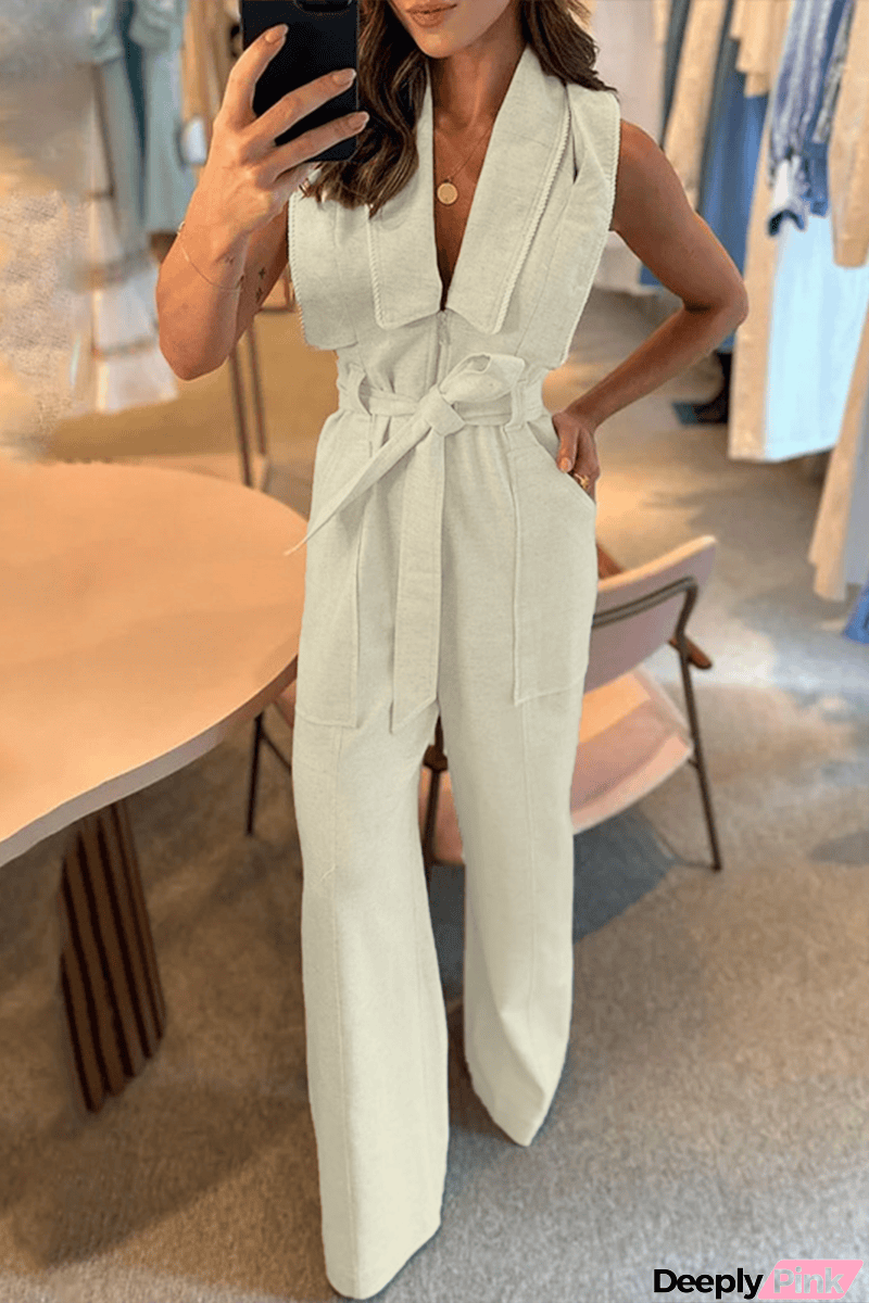 Casual Solid Bandage Pocket Turndown Collar Loose Jumpsuits
