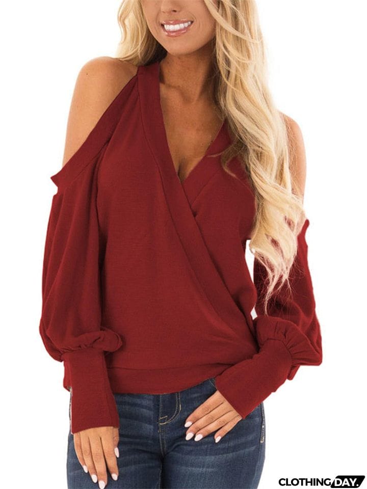 V-neck Cold Shoulder Lantern Sleeve T-shirt for Ladies