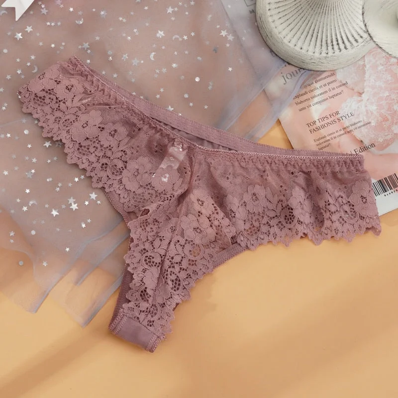 Women Sexy Lace Lingerie Temptation Low-waist Thong Panties Transparent Hollow Out Underwear Female Embroidery Floral G String