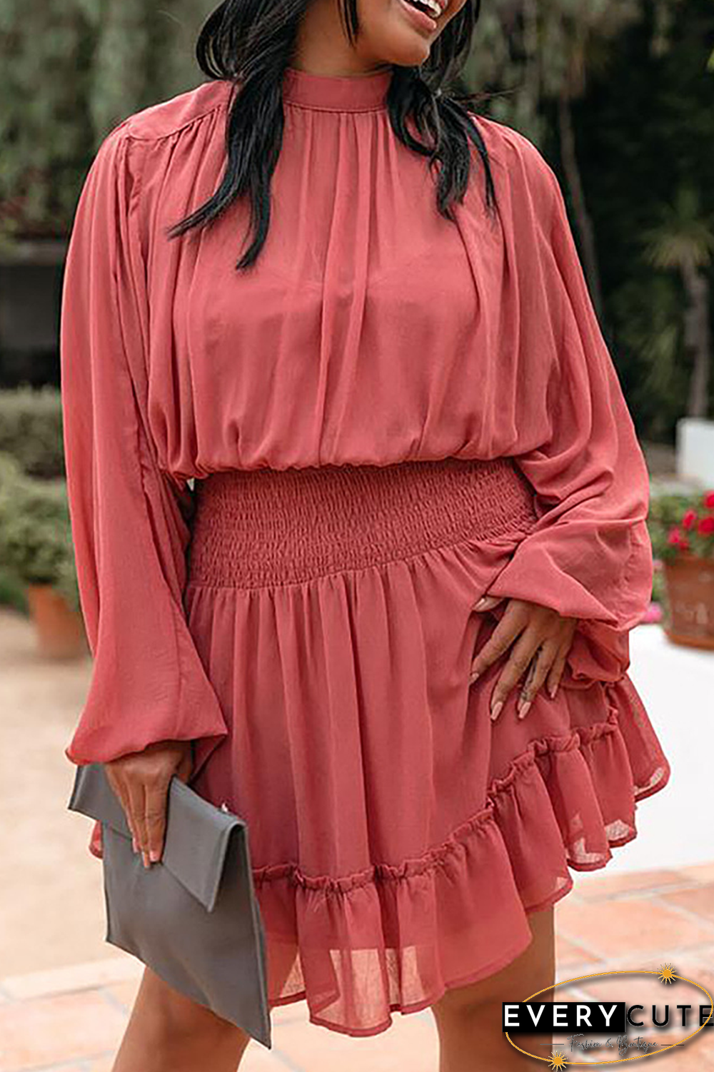 Fashion Casual Solid Flounce Fold Half A Turtleneck Waist Skirt Dresses