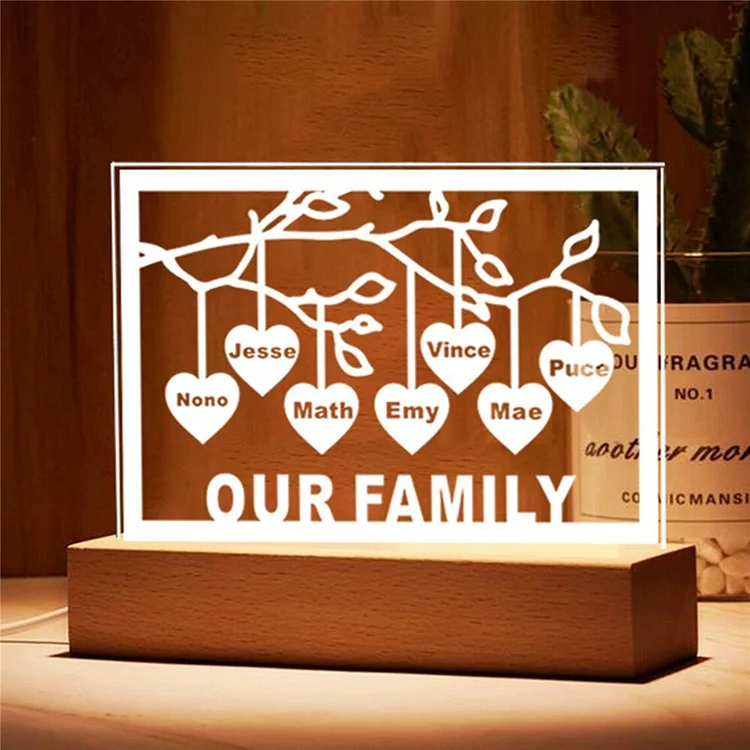 Personalized Family Tree Night Light LED Sign Engraved 7 Names Plaque USB Power Lamp