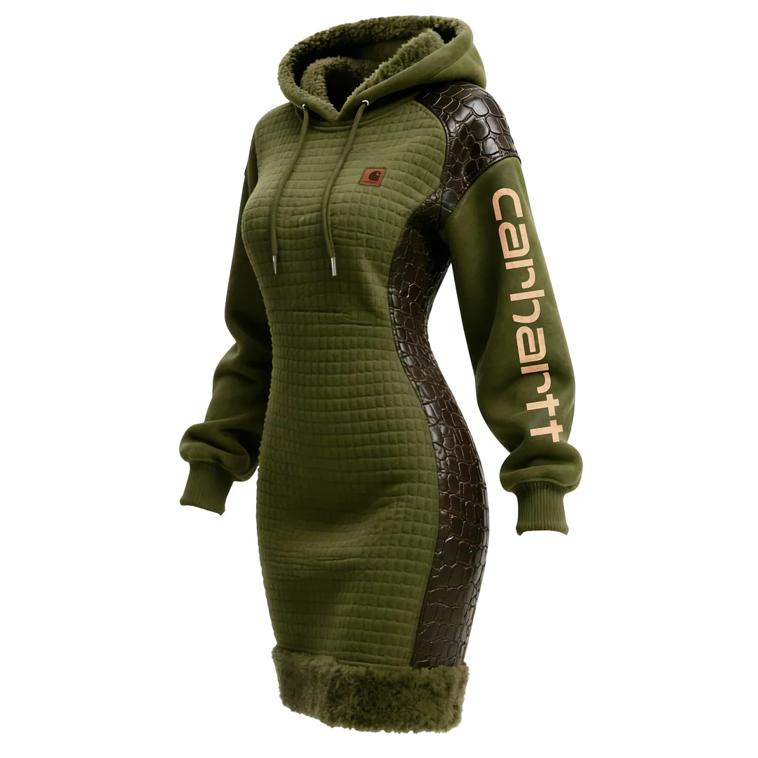 Women's Contrast Color Stitching Suede Lambswool Lapel Hooded Long Sweatshirt