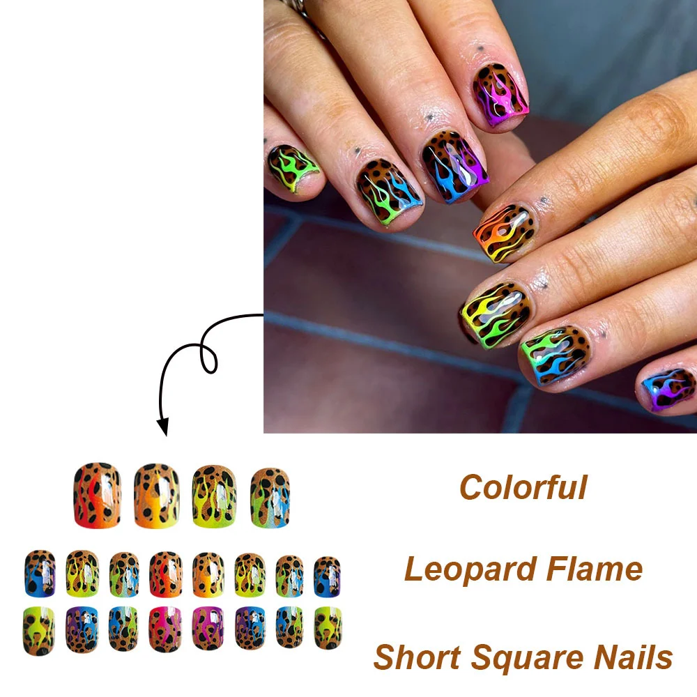 Churchf Churchf Print Gradient Color Flame Short Square Nail Bright Face Fake Nail Finished Wear Nail Removable Nail