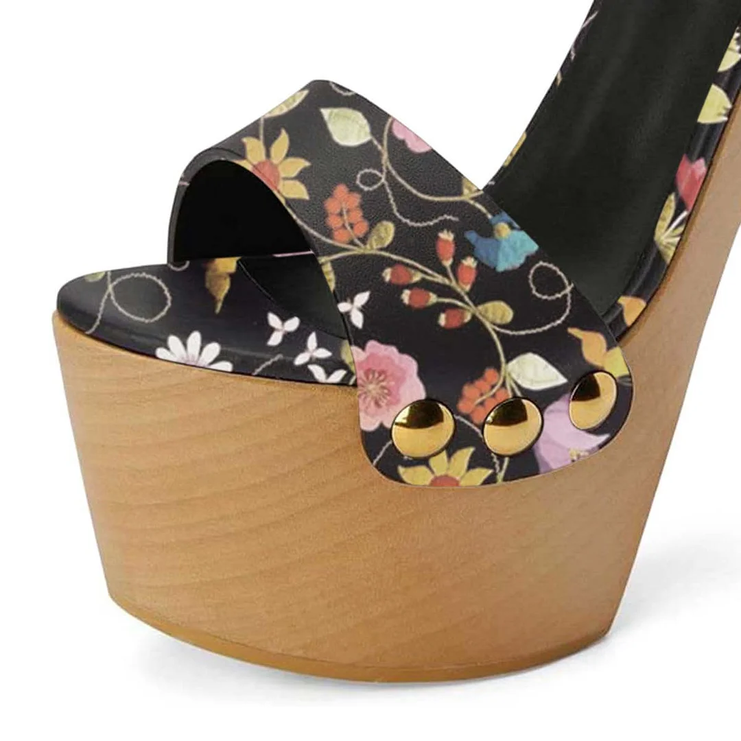 Multicolor Floral Print Summer Sandals Open Toe Studded Platform Heels