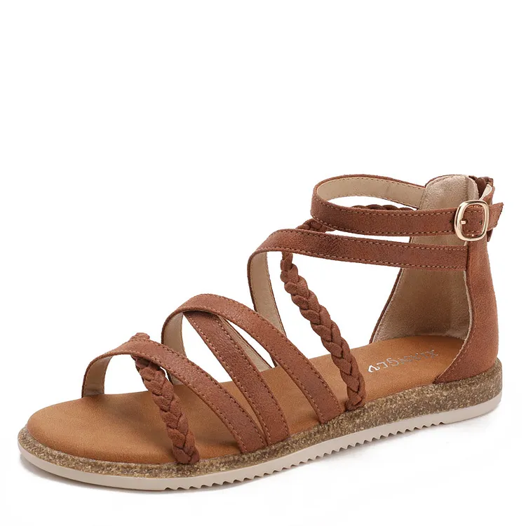 Woven Flat Back Zip Roman Sandals