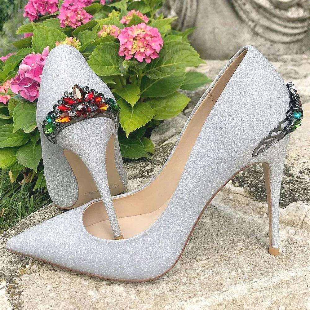 Silver Glitter Heels Pumps Rhinestone Heels Wedding Shoes Nicepairs