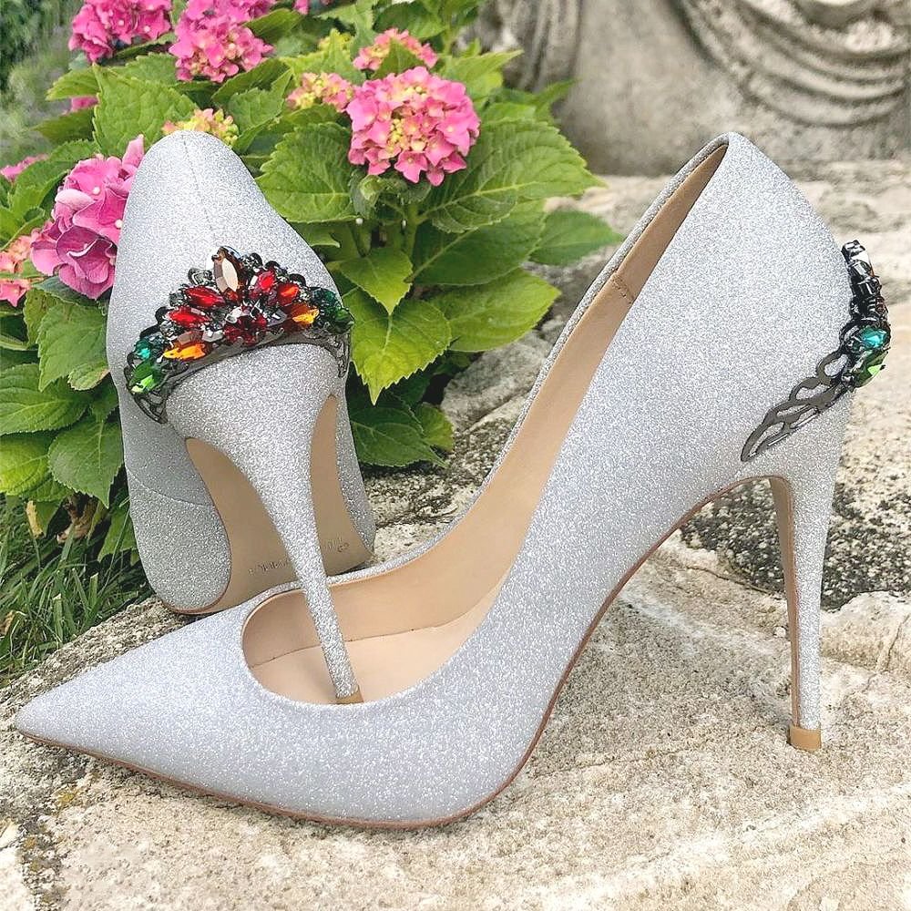 Silver Glitter Heels Pumps Rhinestone Heels Wedding Shoes Nicepairs