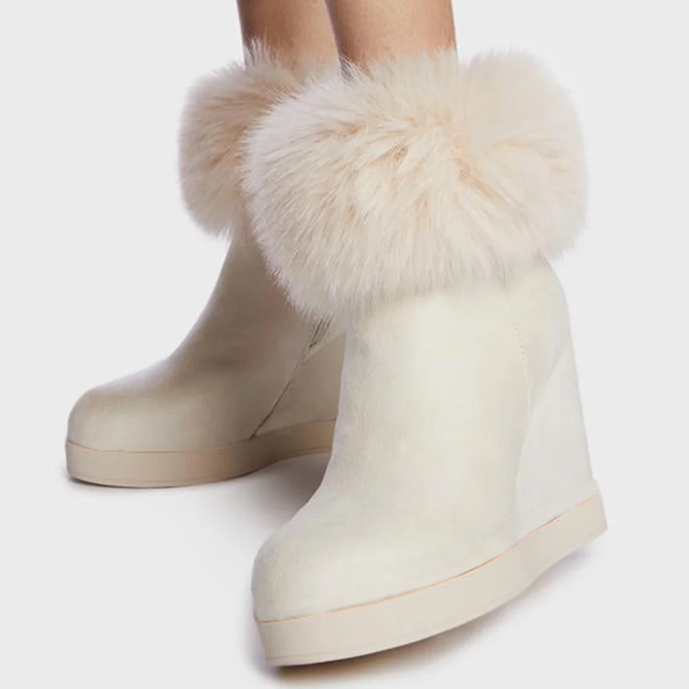 Full White Booties Wedge Heel Furry Ankle Boots Nicepairs
