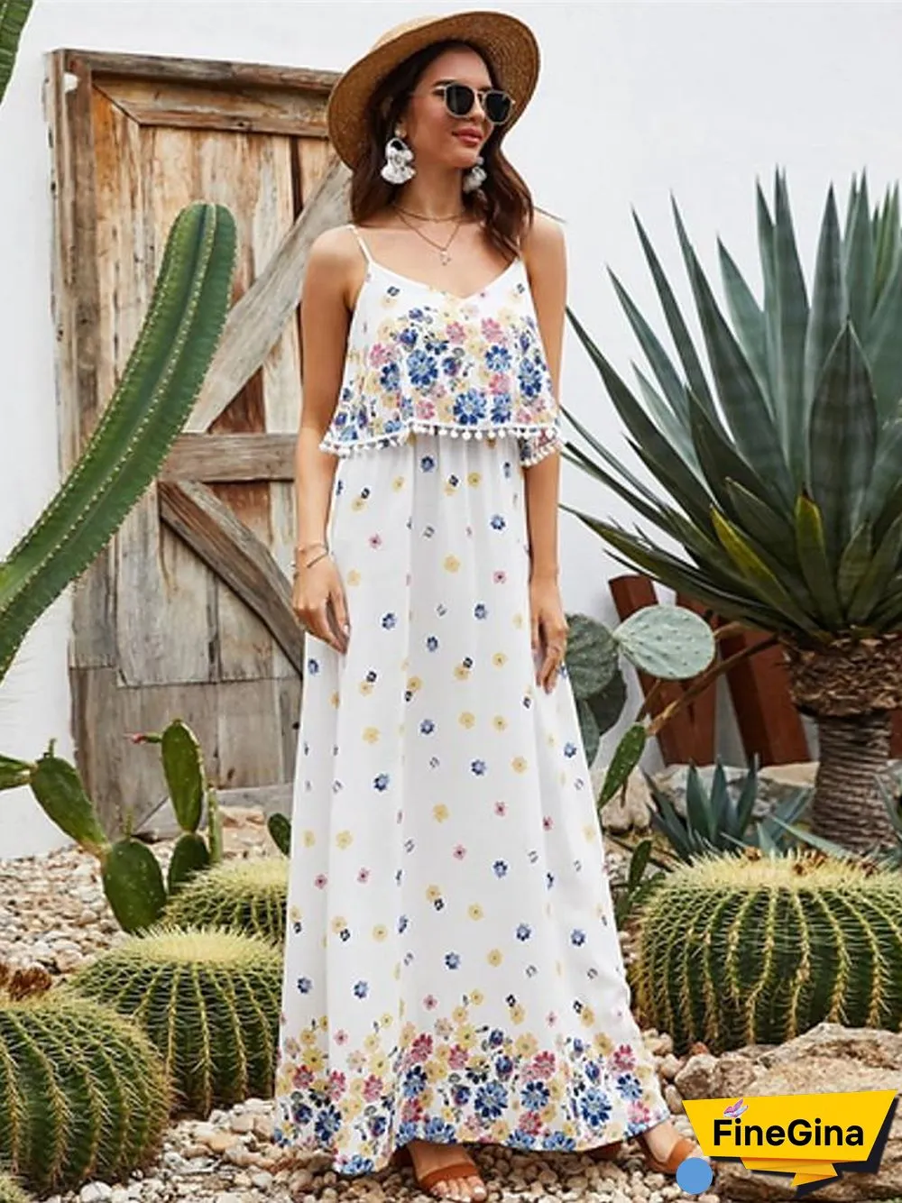 Women's Strap Dress Maxi long Dress Sleeveless Floral Summer Elegant White S M L XL XXL White Dresses