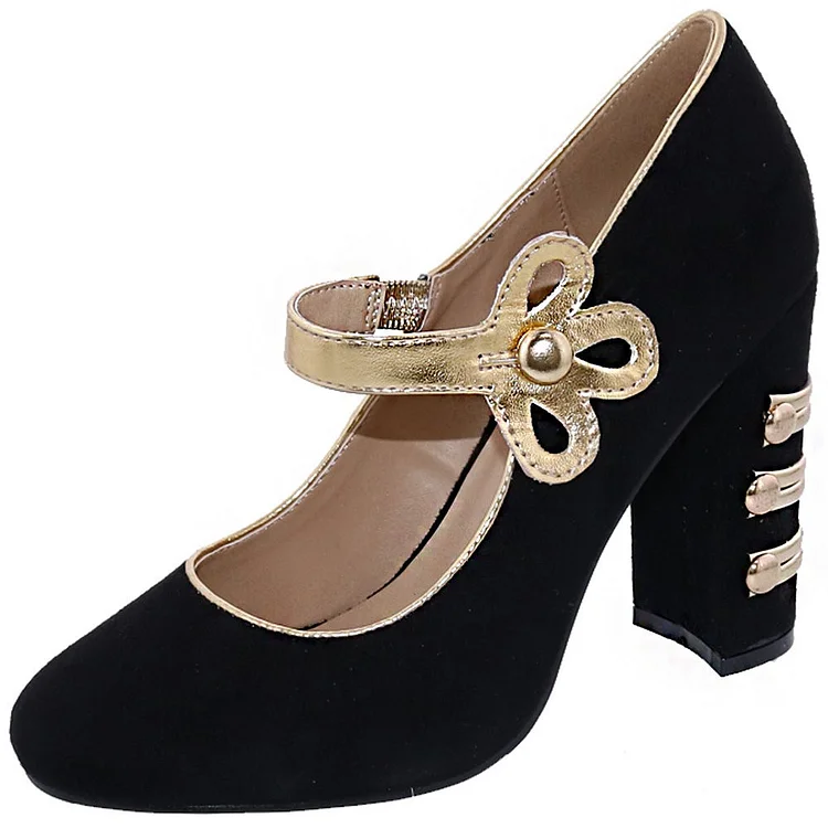 Black Mary Jane Heels Round Toe Chunky Heel Pumps |FSJ Shoes