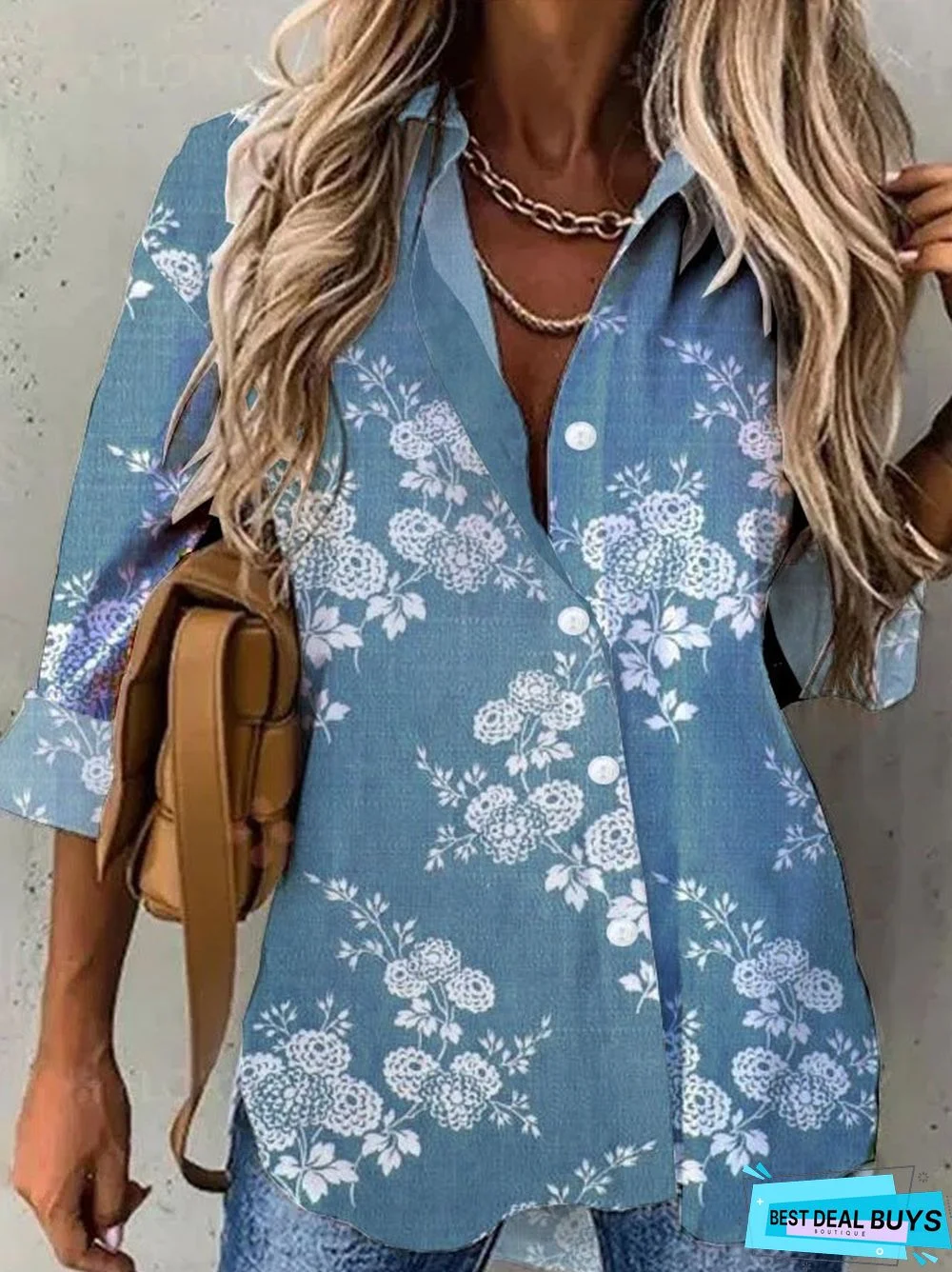 Loose Stand Collar Vacation Printed Tunic Shirt