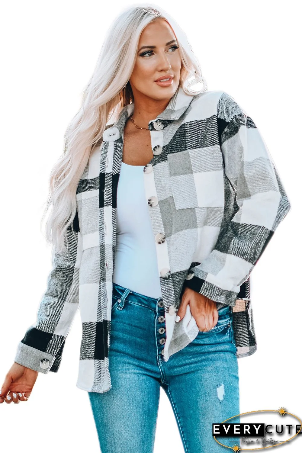 Gray Plaid Color Block Buttoned Long Sleeve Jacket with Pocket