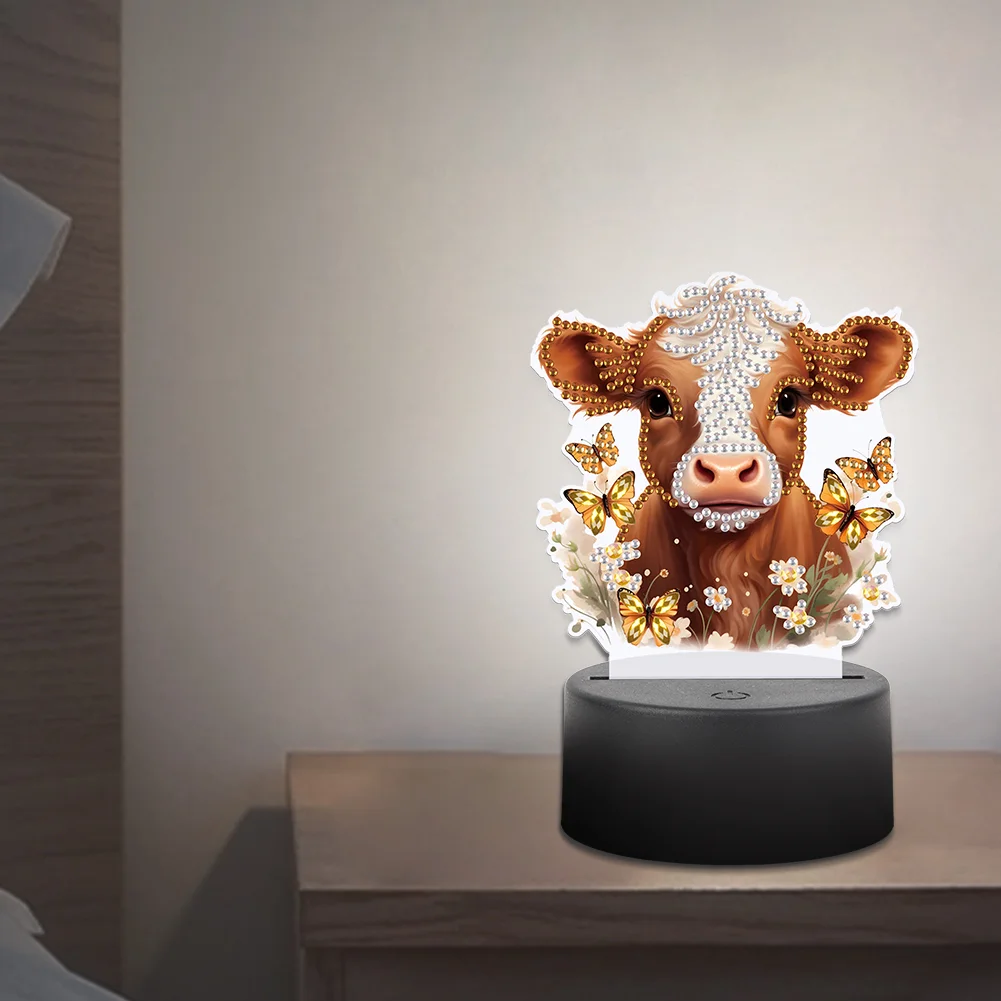 5D DIY Acrylic Cow Double Sided Diamond Painting LED Night Light for Adults