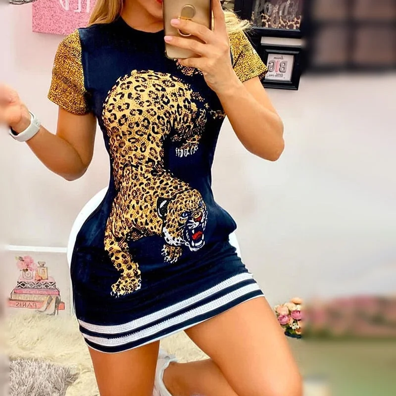Graduation Gifts 2023 Women  Daily Wear O Neck Cute Tiger Animal Print Short Sleeve Casual Summer Vintage Mini Bodycon Party Dress