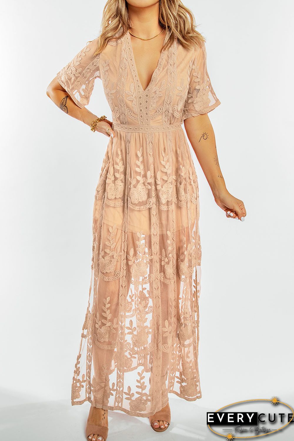 Nude Deep V Neck Short Sleeve Floral Lace Bridesmaid Maxi Dress