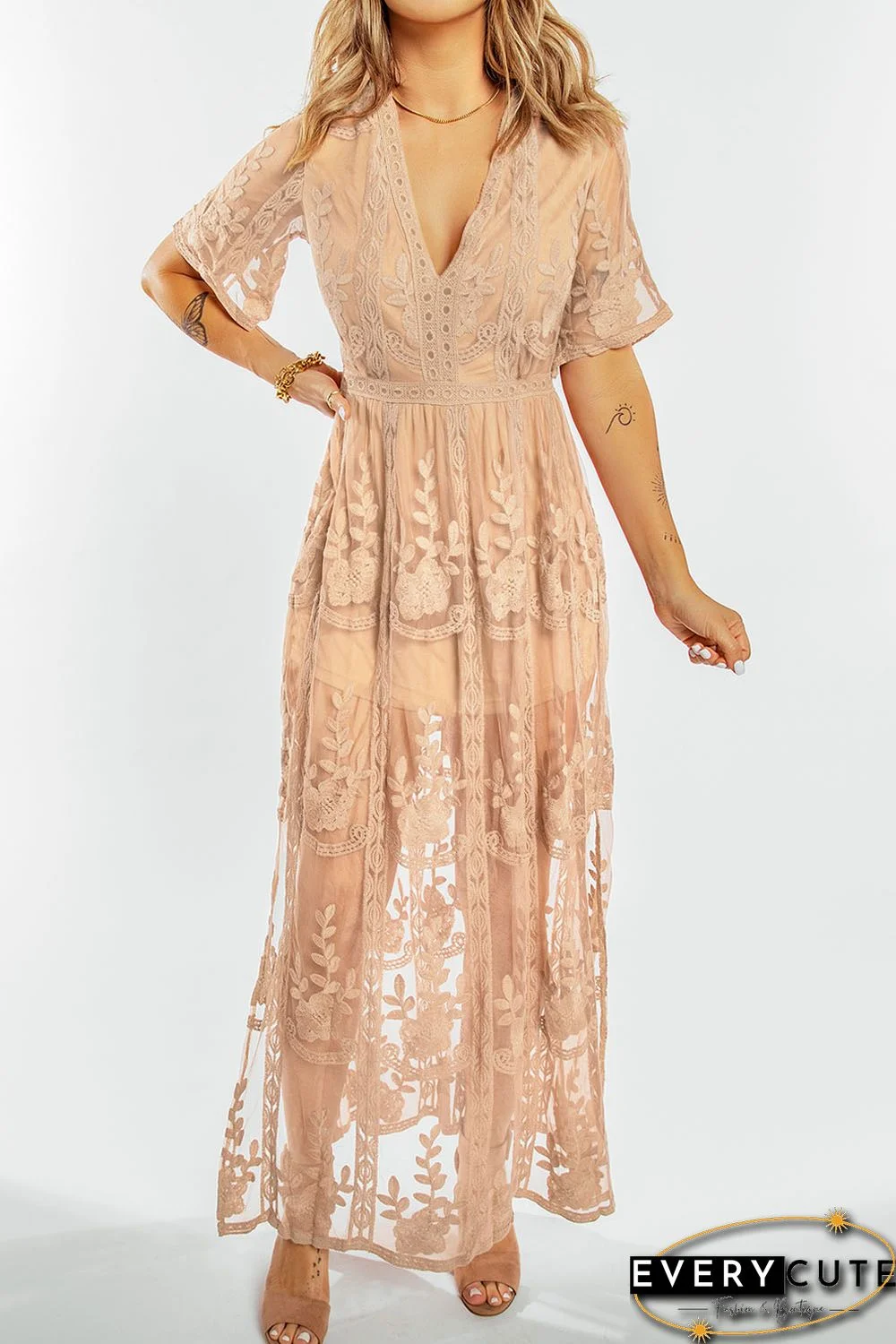 Nude Deep V Neck Short Sleeve Floral Lace Bridesmaid Maxi Dress