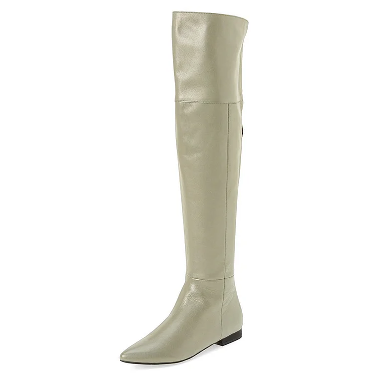 Light Grey Flat Thigh High Boots Pointy Toe Long Boots by FSJ |FSJ Shoes