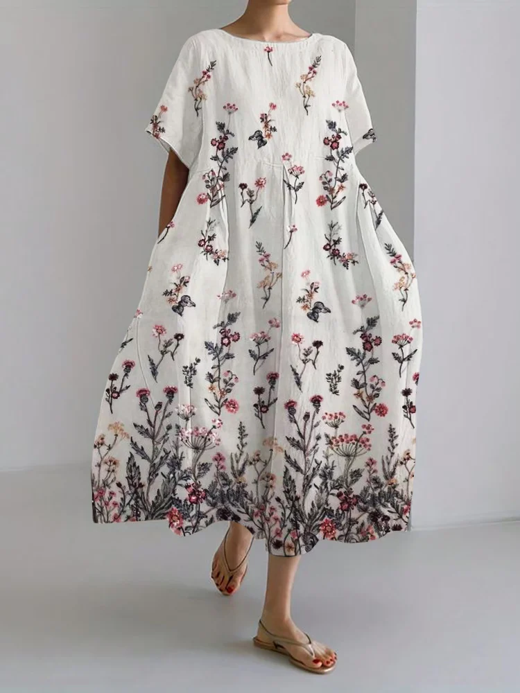Classy Floral Embroidered Lace Linen Blend Maxi Dress