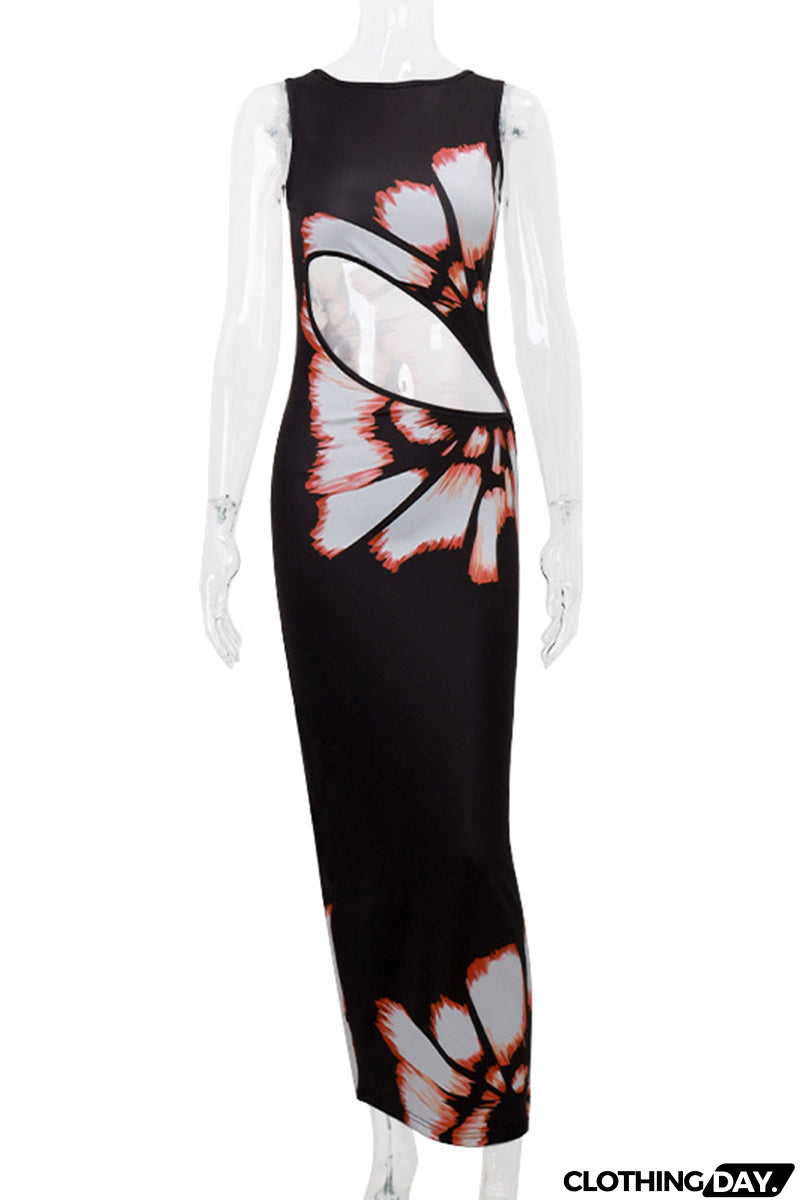 Sexy Flowers Print Hollow Out O Neck One Step Skirt Dresses